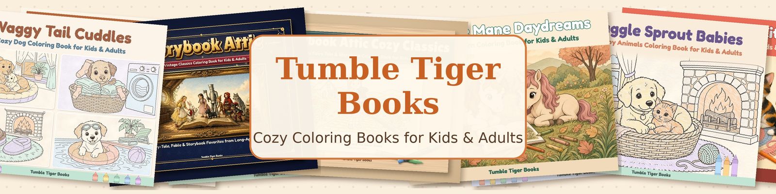 Cozy illustrated Tumble Tiger Books banner