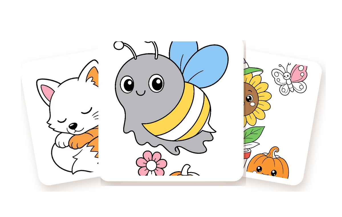 Sample free coloring pages: a sleepy fox, a bee ghost and a sunflower in a witch hat