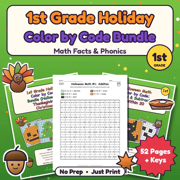 1st Grade Holiday Color by Code Bundle (Halloween, Thanksgiving, Christmas) preview
