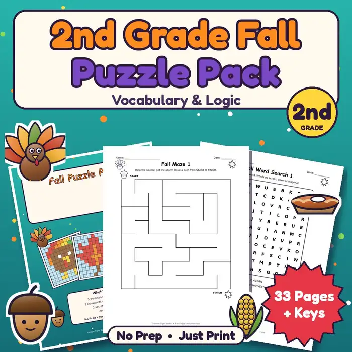2nd Grade Fall Puzzle Pack (word searches + mazes) preview