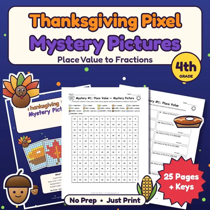Thanksgiving Pixel Mystery Pictures, 4th (place value, rounding, multiplication, fractions) preview