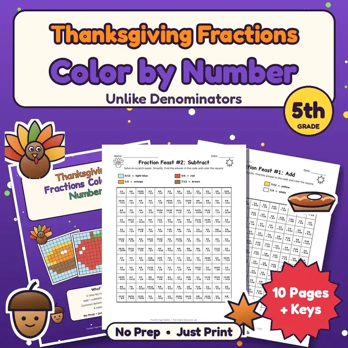 Thanksgiving Fractions Color by Number: Unlike Denominators preview