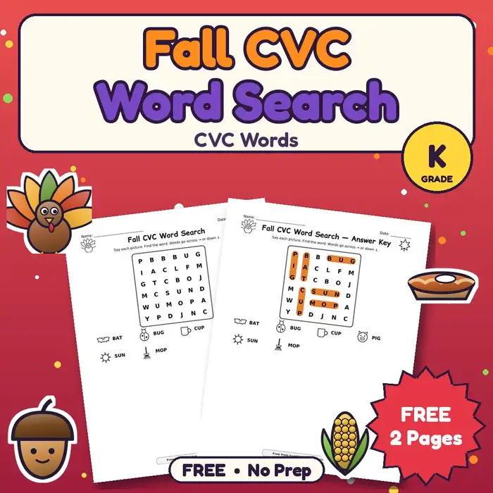 Fall CVC Word Search, K preview